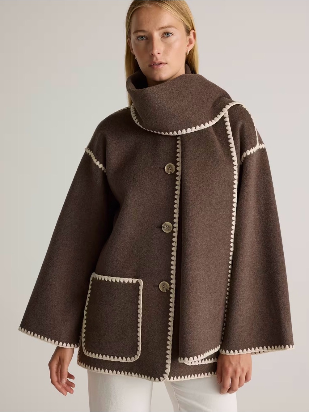 Quince Brown Cape with Cream Scallop Trim, Size Small